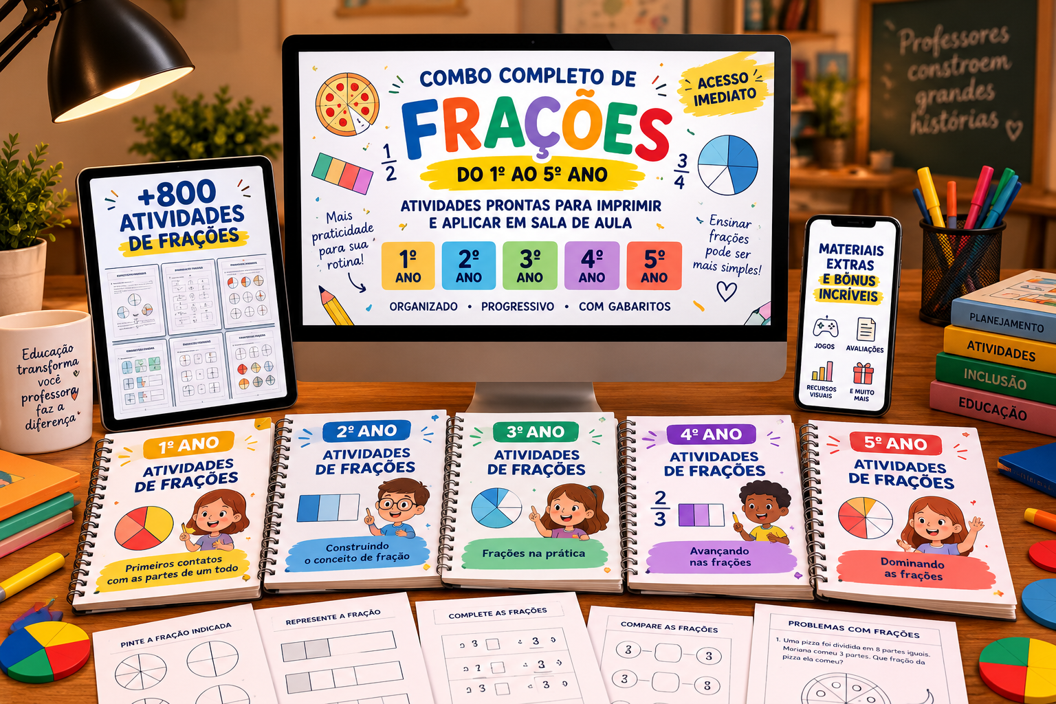 Combo Completo de Frações do 1º ao 5º ano exibido em computador, tablet, celular e apostilas impressas